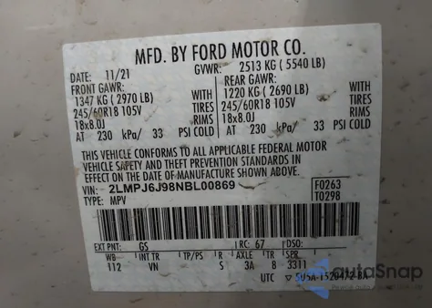 2022 Lincoln Nautilus Standard z USA, uszkodzony, nr VIN 2LMPJ6J98NBL00869